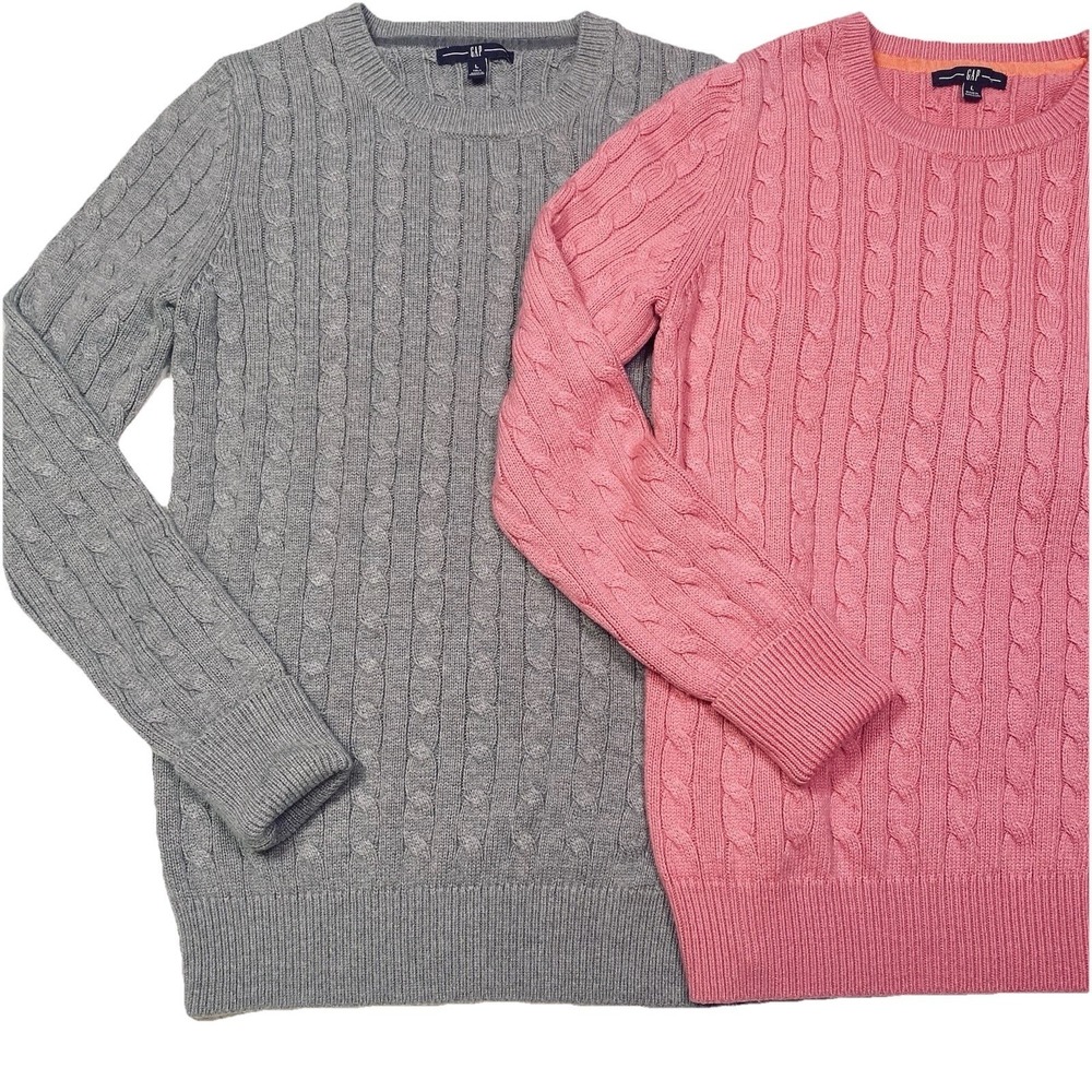2 Gap Angora Cable Knit Crewneck Sweaters Pink Gray Large Tall 90s Preppy